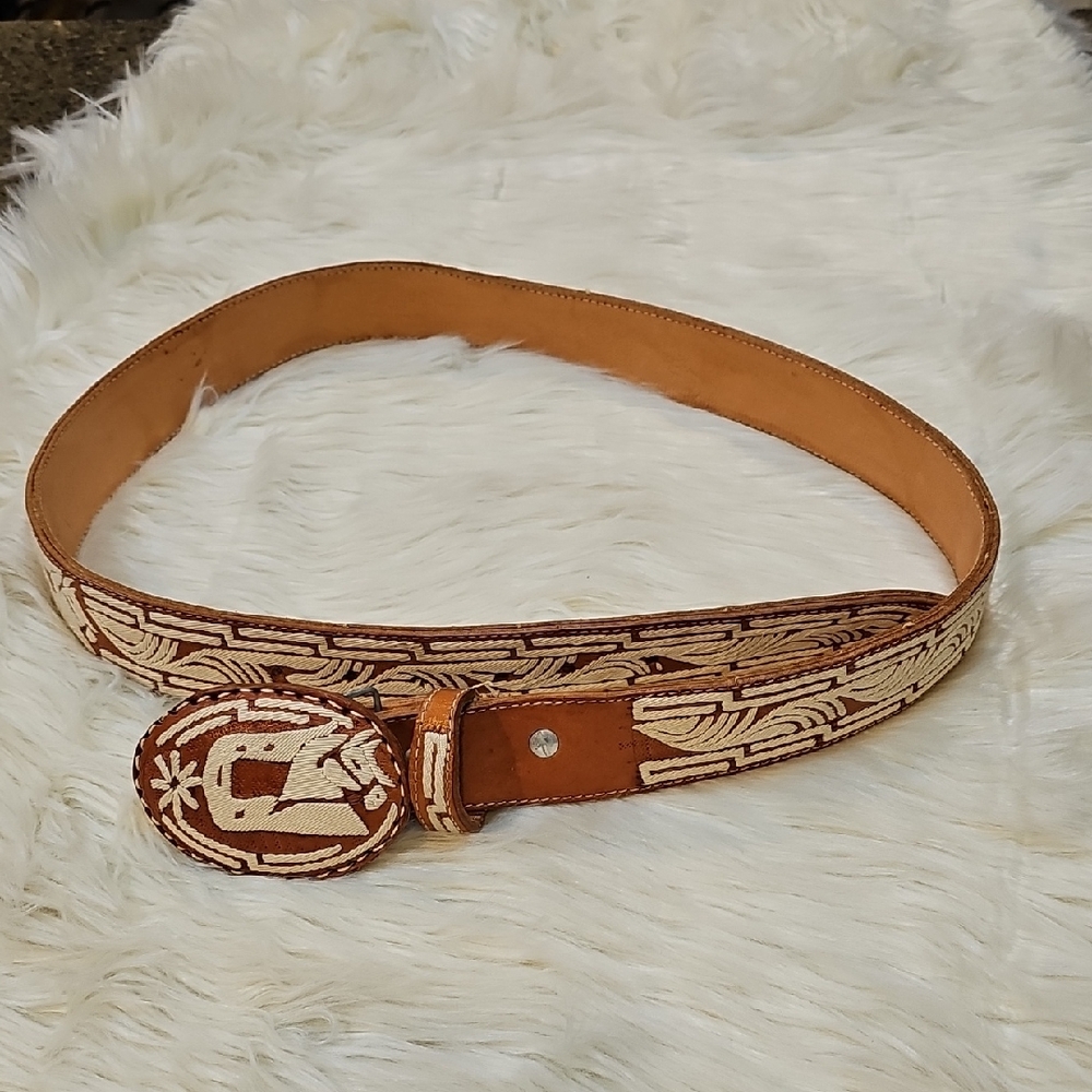 Tan and Cream Embroidered Women's Belt
